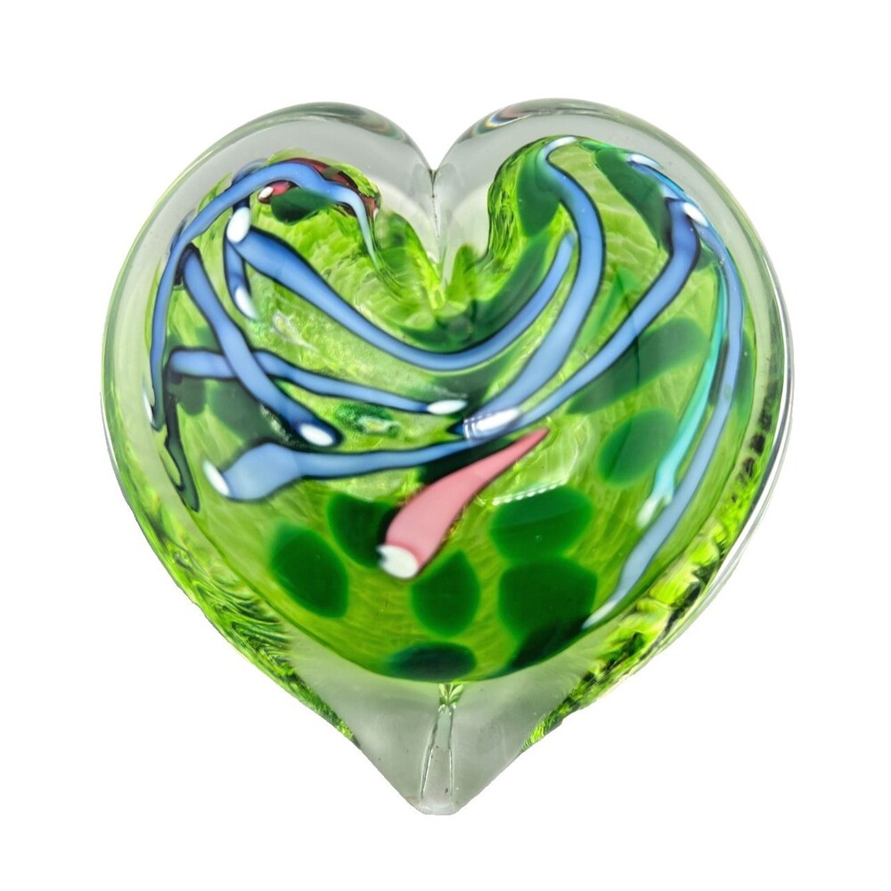 Dehanna Jones 2004 Signed Dichroic Art Glass Heart Paperweight Green Blue Pink